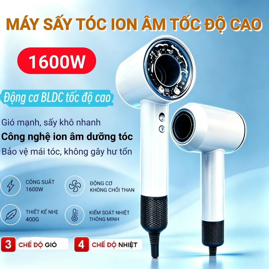Máy sấy tóc ion âm 1600W cao cấp, gió mạnh nhanh khô, chăm sóc tóc không hư tổn, nhiều màu