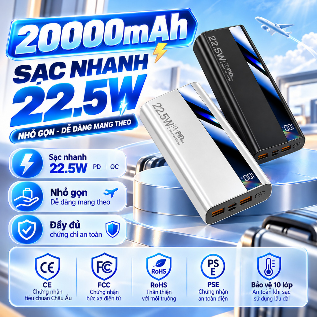 Sạc dự phòng X09 20000mAh sạc nhanh mini dung lượng lớn có màn hình hiển thị pin SP55