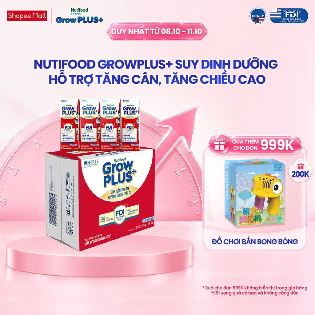 Thùng 24 hộp SBPS Nutifood GrowPLUS+ Suy Dinh Dưỡng (Đỏ) Ít đường 180ml - Tăng Cân, Tăng Chiều Cao (Bao bì tùy lô hàng)