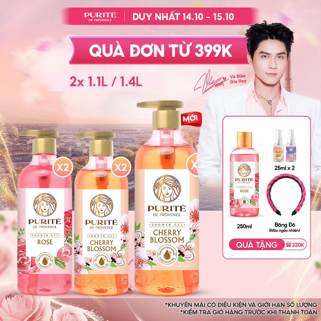 Combo 2 Sữa Tắm Thiên Nhiên PURITE Hương Hoa Anh Đào / Hoa Hồng 500ML/ 850ML/ 1.1L/ 1.4L