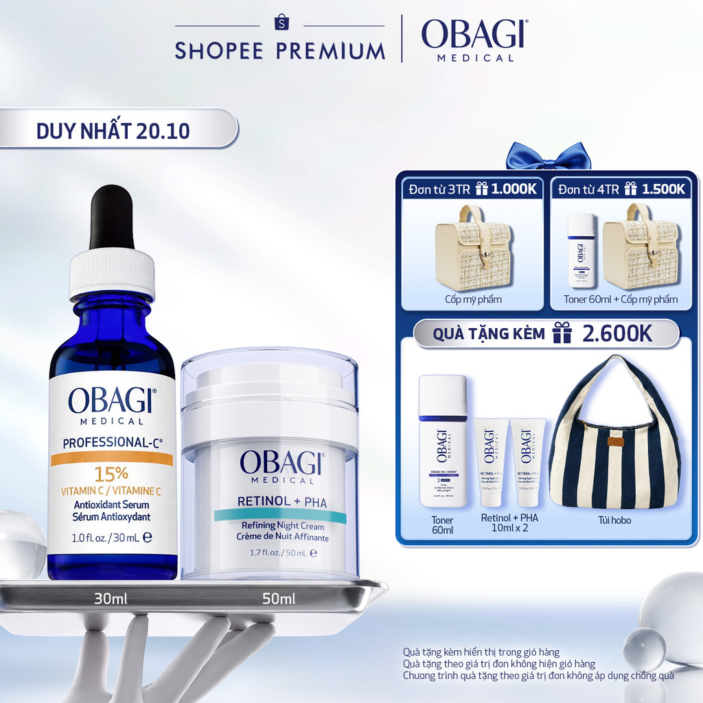 Bộ đôi Kem Dưỡng Đêm Obagi Retinol + PHA 50ml & Serum Vitamin C 15% Obagi Professional-C 30ml