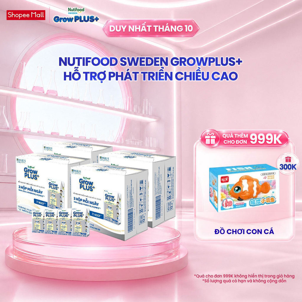 Combo 4 Thùng 24 hộp Sữa Bột Pha Sẵn Nutifood Sweden GrowPLUS+ Cao lớn vượt trội hộp 110 ml