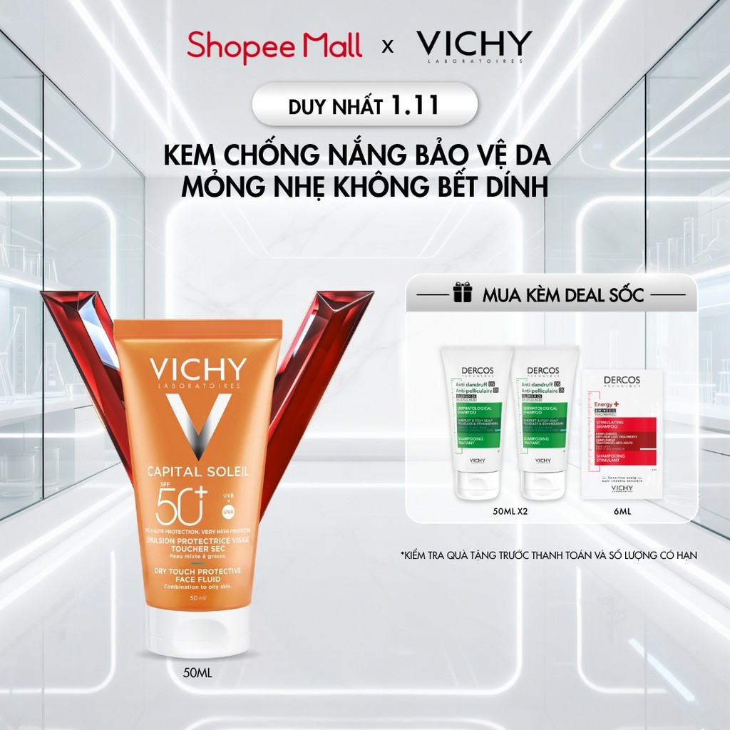 Kem chống nắng bảo vệ da mỏng nhẹ không bết dính SPF 50+ UVA & UVB Vichy Capital Soleil Dry Touch
