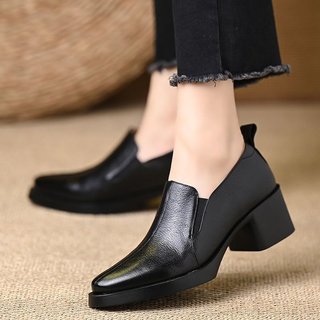 Giày Cao Gót Nữ Mũi Nhọn Dày Gót Miệng Sâu Slip On Thời Trang