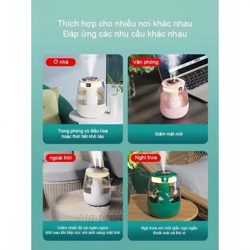 Đèn ngủ tạo độ ẩm phun sương mịn, máy tạo ẩm không khí phun kép dung tích lớn tiện lợi cho phòng ngủ