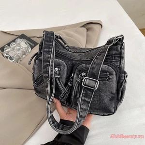 Túi đeo chéo Denim dung tích lớn với nhiều túi có khóa kéo và dây đeo có thể điều chỉnh Túi đeo vai Jean hợp thời trang dành cho nữ