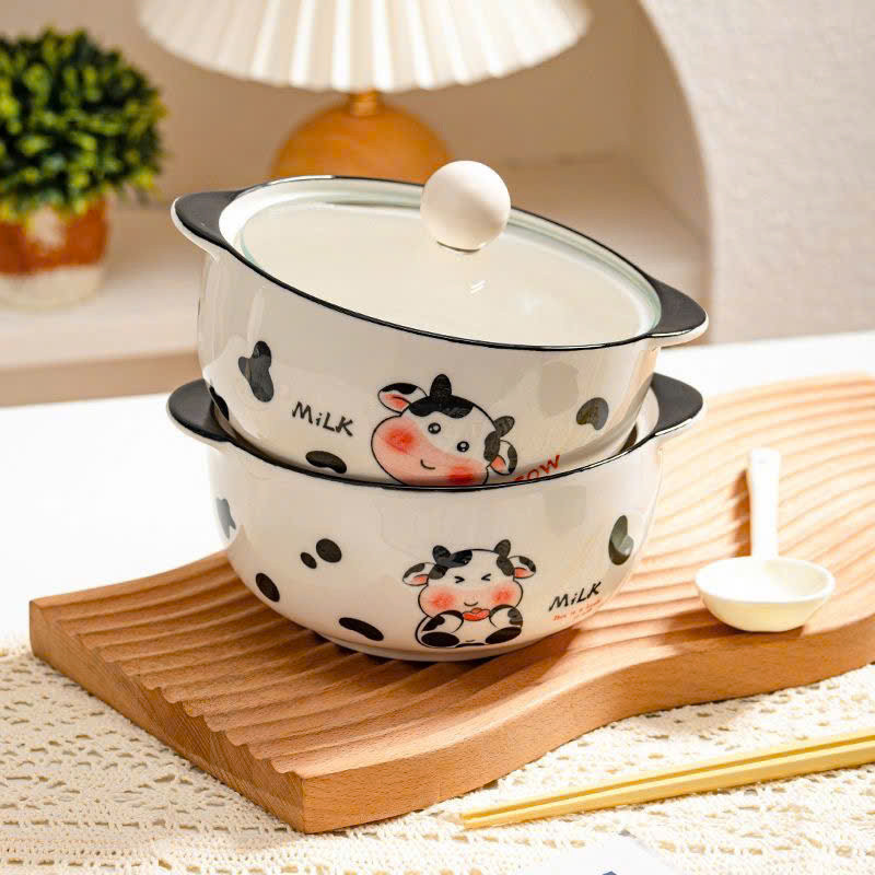 Tô Sứ Hình Bò Sữa 800ml Có Nắp – Tô Ăn Mì, Tô Cơm, Tô Cháo Dễ Thương, Giữ Nhiệt Tốt, An Toàn Lò Vi Sóng