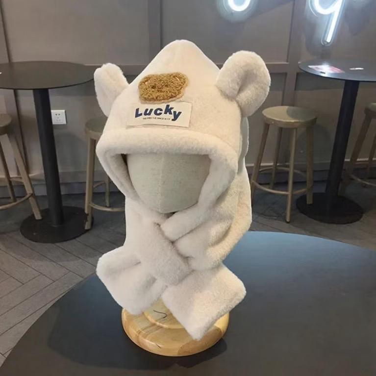 Lucky Mũ Len Gấu Lucky Kèm Khăn Cực Ấm Kèm Khăn Quàng Cổ Giữ Ấm Cho Mùa Đông Chất Liệu Mềm Mại Và Ấm Áp