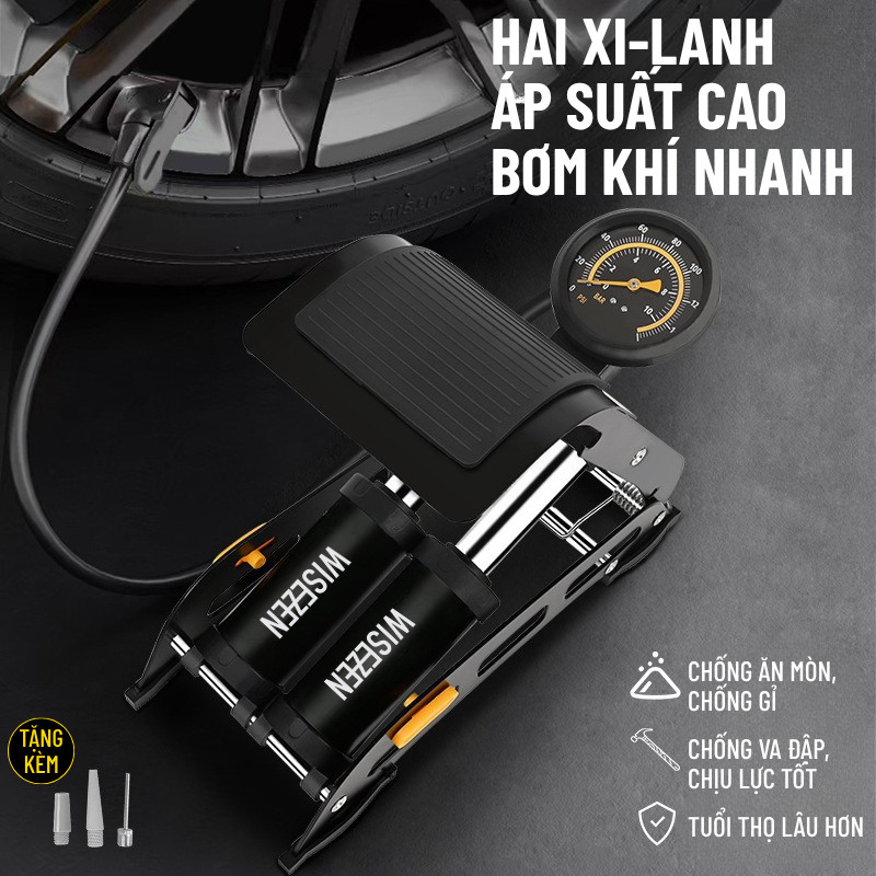 Bơm đạp Chân 2 ống Wisezen Dành Cho Xe đạp ô Tô Xe Máy Có đồng Hồ đo áp Suất Bơm đạp Chân đa Năng Chính Hãng