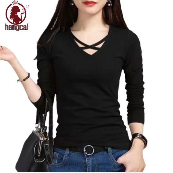 Áo thun dài tay cổ chữ V mỏng style Hàn Quốc, phù hợp mùa xuân thu, có size lớn