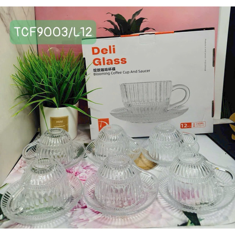 Bộ 6 Ly thủy tinh kẻ sọc kèm 6 đĩa kê cốc thủy tinh chịu nhiệt uống cafe, nước ép, soda 240ml