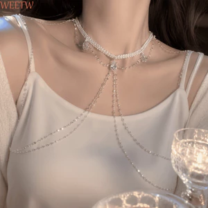 Dây chuyền tua rua nhiều lớp WEETW, Vòng cổ đeo vai có viền dài pha lê, Dây chuyền lưng khí chất Dây chuyền xương đòn sang trọng Trang sức Trang trí tiệc thời trang