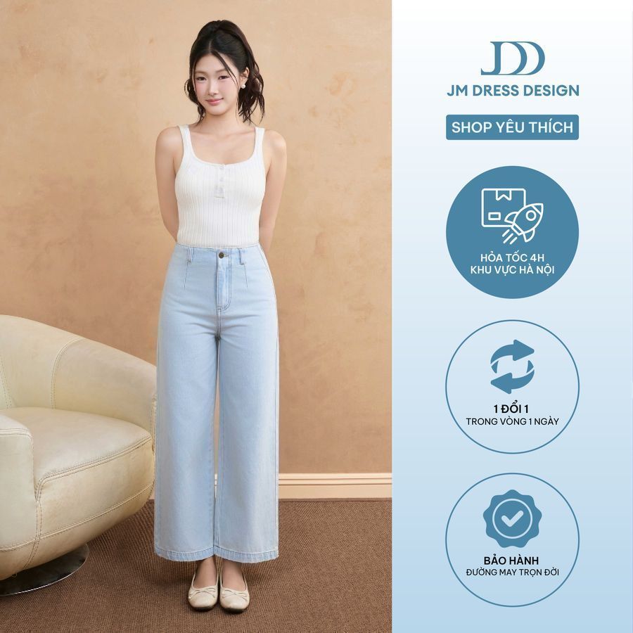 Quần Jeans Cạp Liền Ống Lỡ 3J03.2509. Quần Denim Ống Suông Nữ Thời Trang, Basic Dễ Phối Đồ Thiết Kế Bởi JM Dress Design