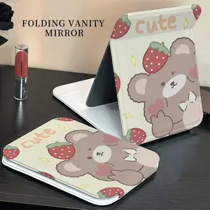 Gương gập trang điểm gấu nâu dâu tây phủ nền hồng nữ tính hot trend Shopee