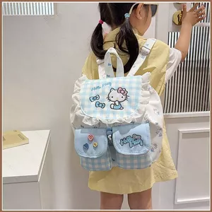 SQ11 Ba lô lưới nhỏ màu xanh và trắng tươi cho nữ Phim hoạt hình dễ thương Túi du lịch đa năng nhẹ