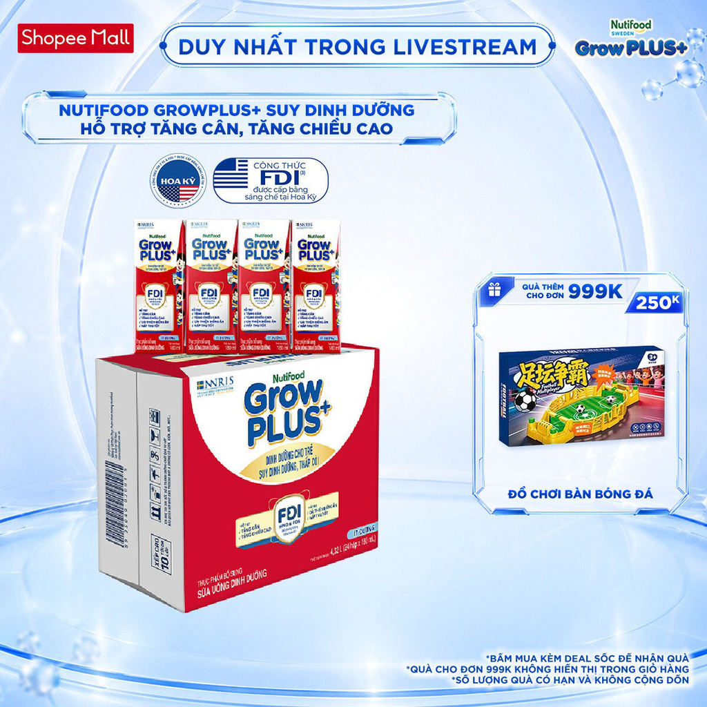 Thùng 24 hộp SBPS Nutifood GrowPLUS+ Suy Dinh Dưỡng (Đỏ) Ít đường 180ml - Tăng Cân, Tăng Chiều Cao (Bao bì tùy lô hàng)
