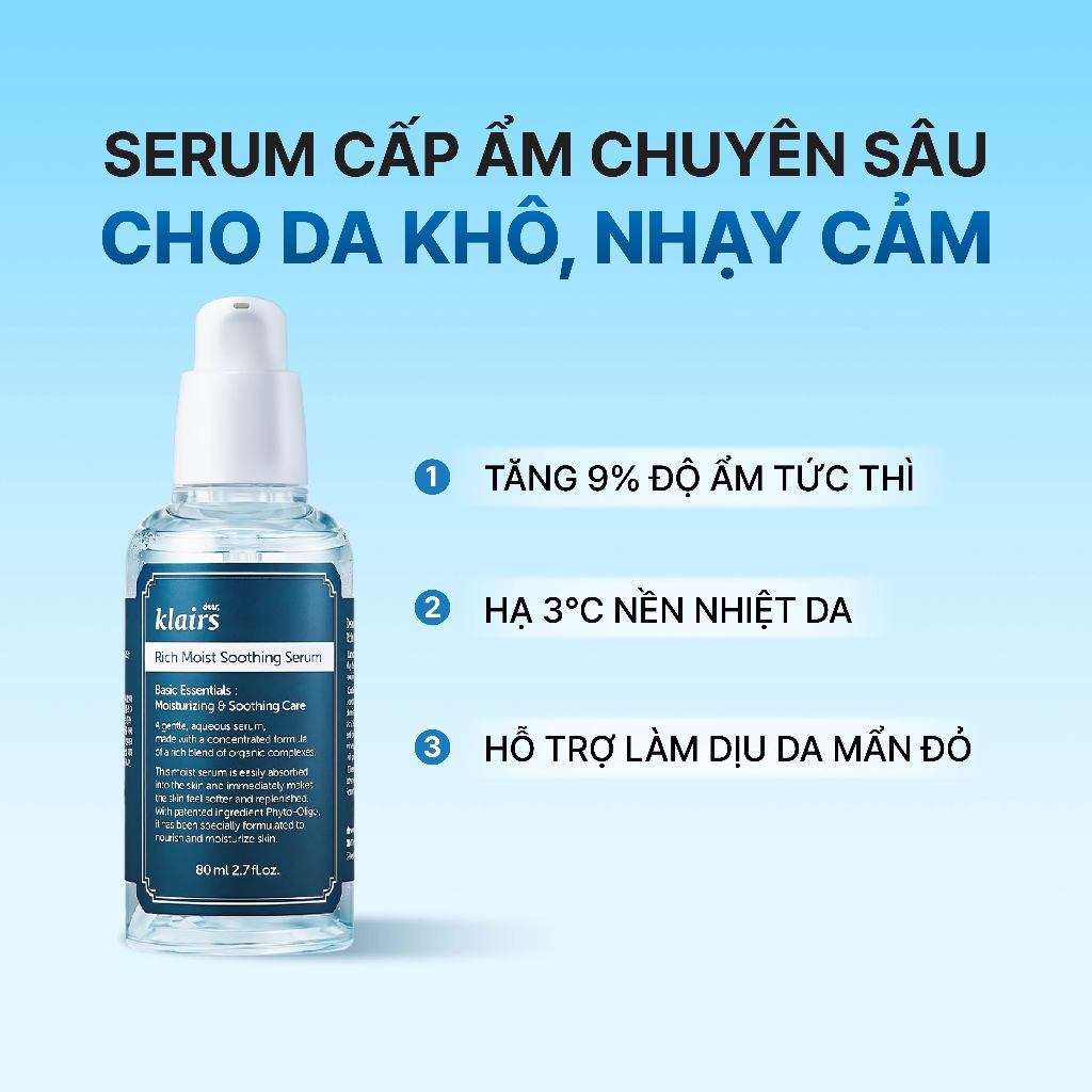 Tinh chất dưỡng da Dear, Klairs Rich Moist Soothing Serum hỗ trợ cấp ẩm và làm dịu mát da 80ml [FS]