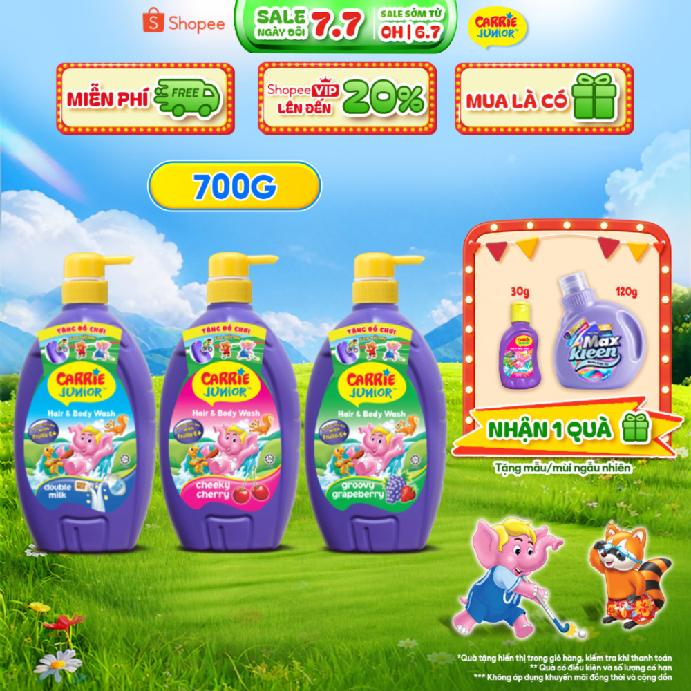 Sữa Tắm Gội thành phần thiên nhiên Sạch Dịu Nhẹ & ẩm mịn Cho Bé Carrie Junior 700g /chai - 3 mùi hương