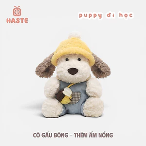 Gấu Thú Bông Puppy Cún Chó Đi Học Nón Vàng Bận Yếm Đeo Vòng Cổ Con Ong Quà Tặng Độc Đáo Lông Xù Siêu Mềm Mịn Dễ Thương