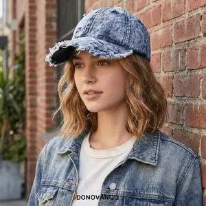 Mũ bóng chày Denim DONOVANQQ, Mũ bố rách rách rách rách rách cổ điển, Thoải mái vừa vặn Viền viền lớn vành mềm mại Mũ đeo thường ngày