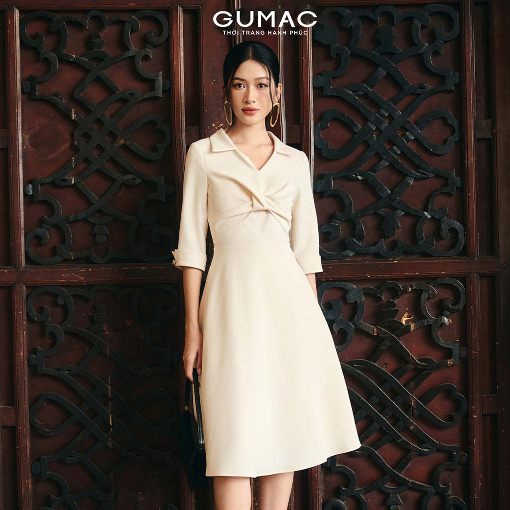 Đầm Nữ Dáng A Xòe GUMAC Tay Lỡ Điểm Nhấn Xoắn Ngực Cách Điệu DF10052