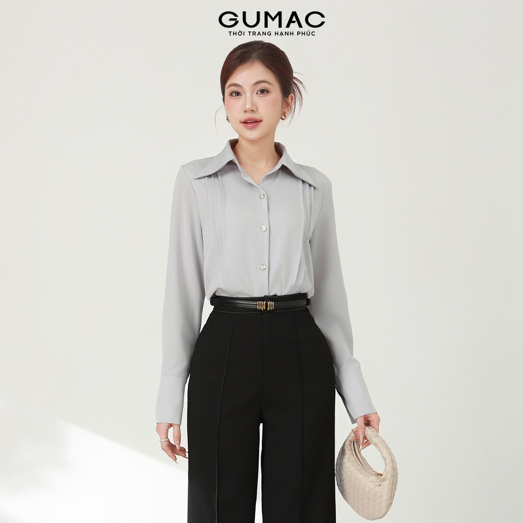 Áo Sơ Mi Nữ Tay Dài GUMAC Form Suông Kiểu Chiết Ly Phối Lá Cổ Nhọn Thanh Lịch AF03007