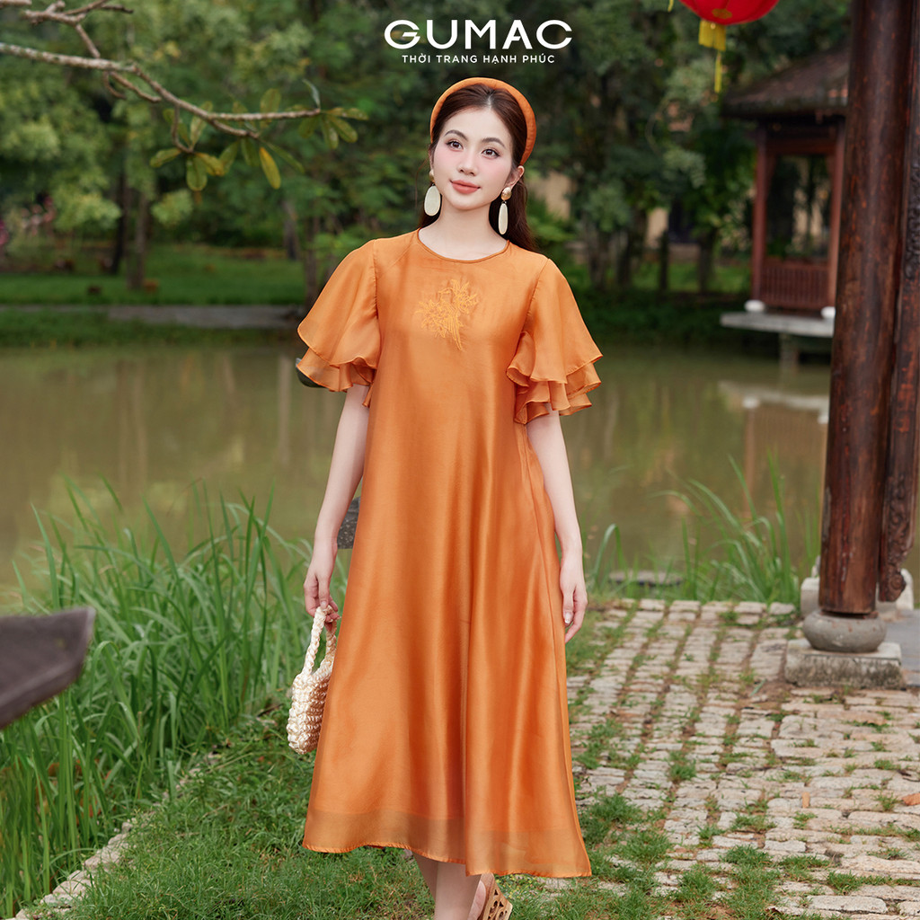 Đầm Nữ Dáng Suông GUMAC Cổ Tròn Tay Ngắn Xòe Lượn Họa Tiết Thêu Hoa Cách Điệu Nhẹ Nhàng QPE11042