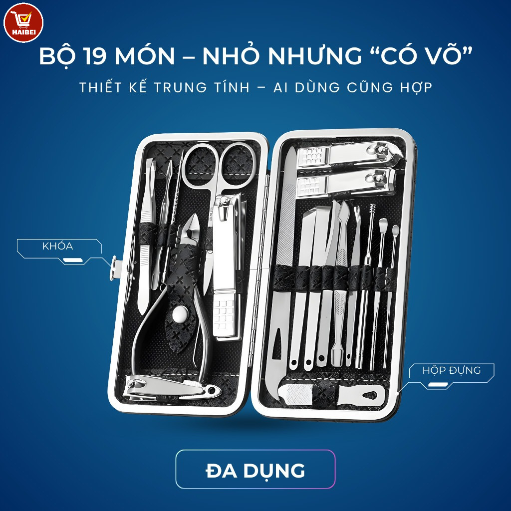 Bộ dụng cụ cắt móng tay hoàn chỉnh, bằng thép không gỉ, bao gồm hộp đựng, nhỏ gọn và tiện lợi.