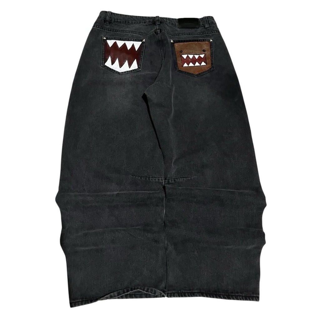 Y2k Slanted Runway Baggy Jeans Retro Kẻ Sọc Chắp Vá Nam Nữ Ống 