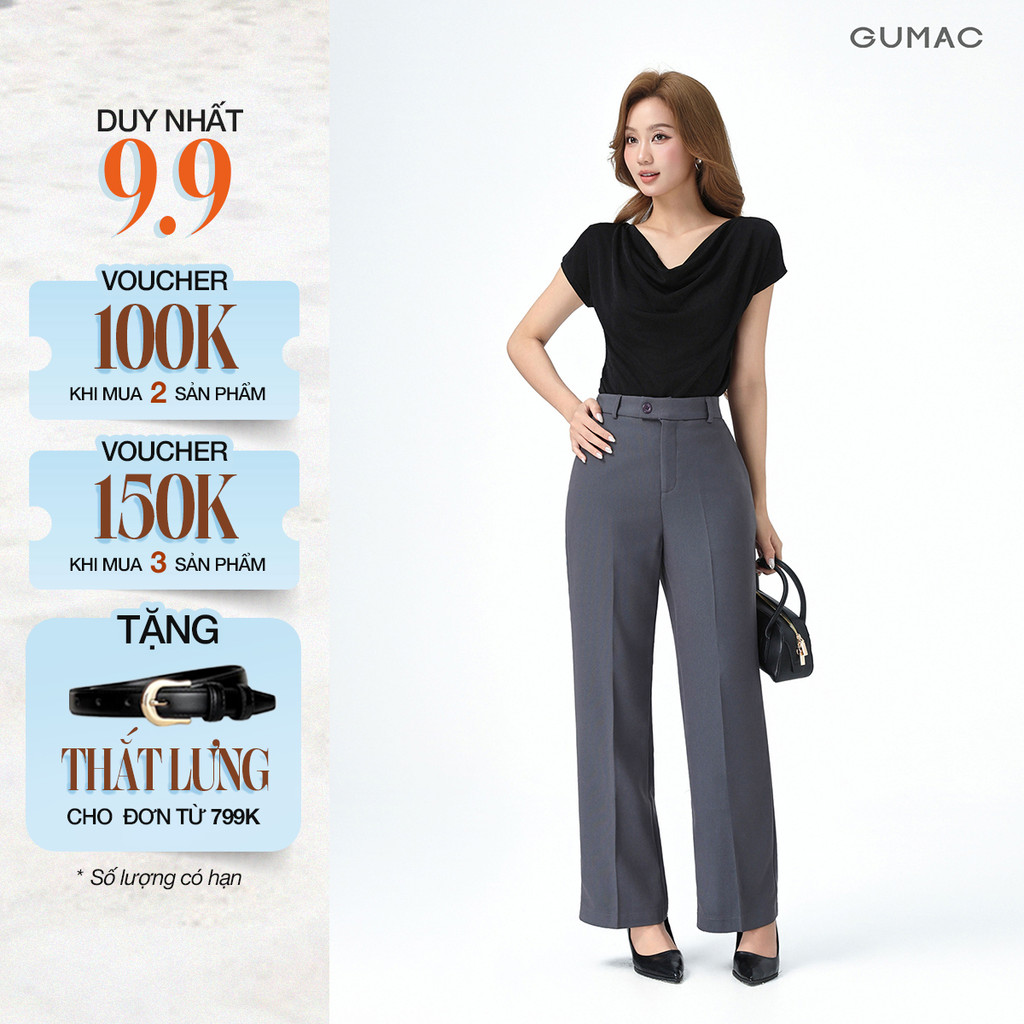 Quần Ống Suông Nữ 99cm GUMAC Quần Tây Công Sở Lưng Cao Cài Quai Dê Chất Tuyết Mưa Cạp Cao LQE1241