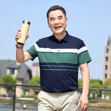 Quần áo nam trung niên và người cao tuổi, áo thun nam mùa hè, áo thun dệt kim tay ngắn cổ bẻ, áo thun nam vải lụa băng, áo thun nam tay ngắn rộng rãi.