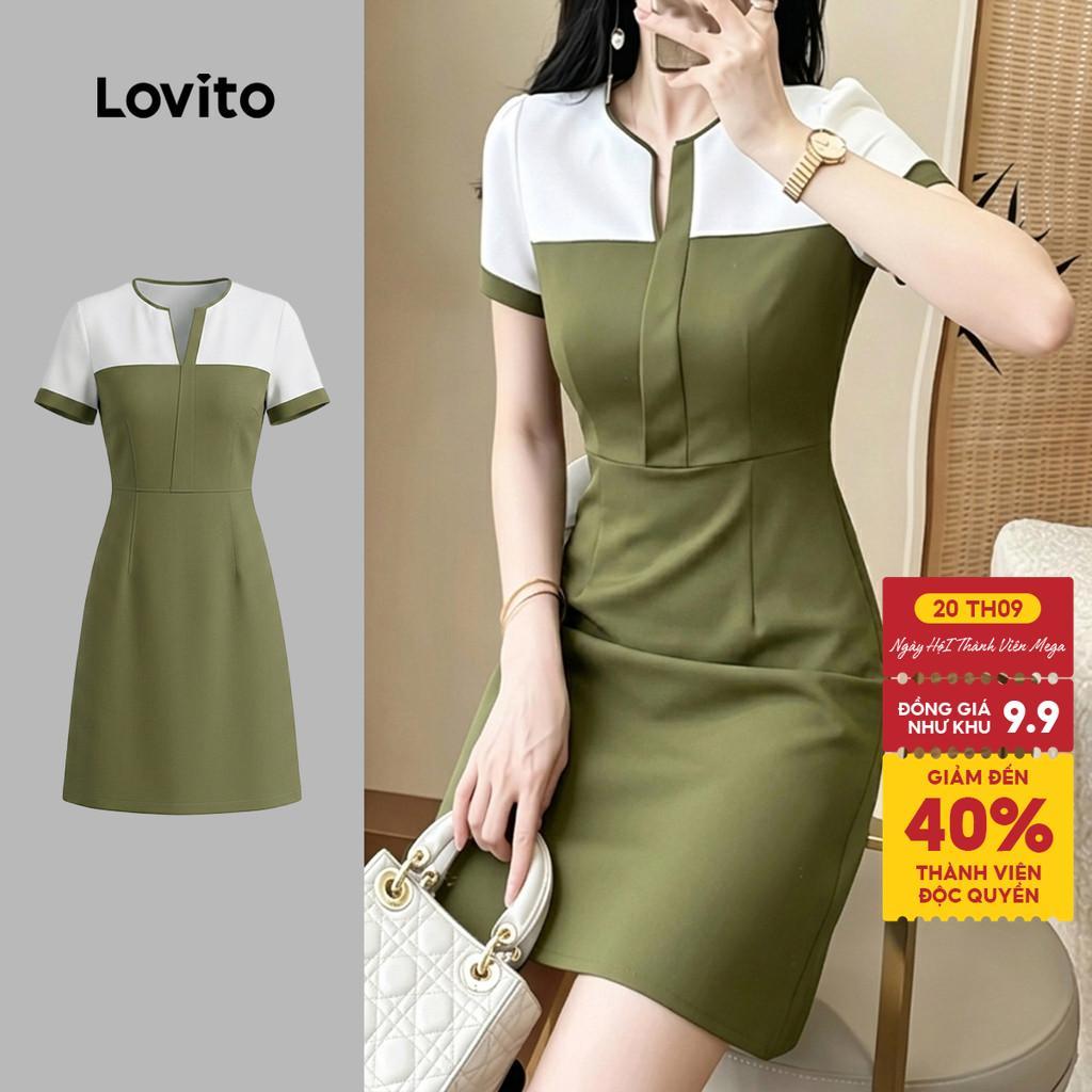 Lovito Đầm thanh lịch màu sắc đối lập vải ghép xuân hè xanh ô liu cho nữ DRK8P2D550