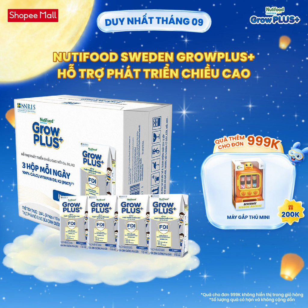 Thùng 24 hộp Sữa Bột Pha Sẵn Nutifood Sweden GrowPLUS+ Cao lớn vượt trội hộp 110 ml