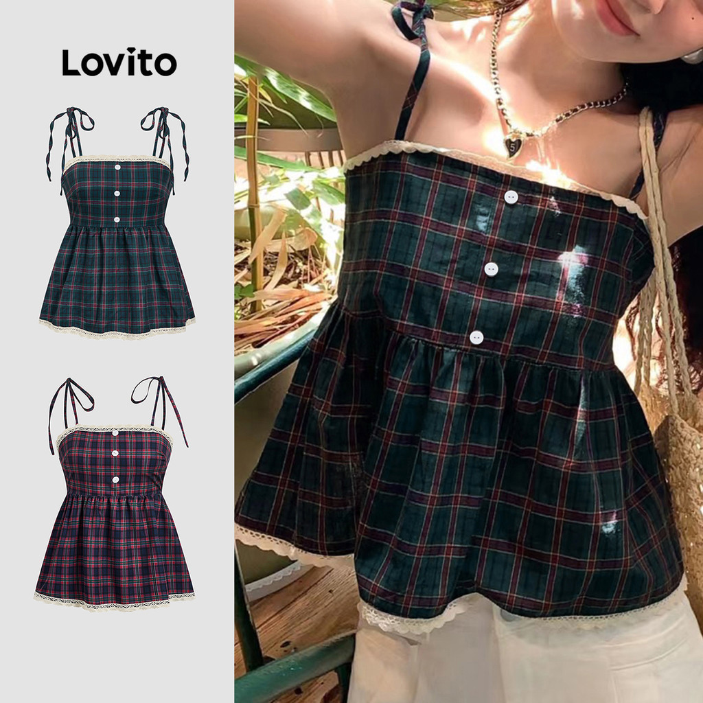 Áo sát nách Lovito kẻ caro viền cổ thắt dây phong cách thường ngày cho nữ L104ED086