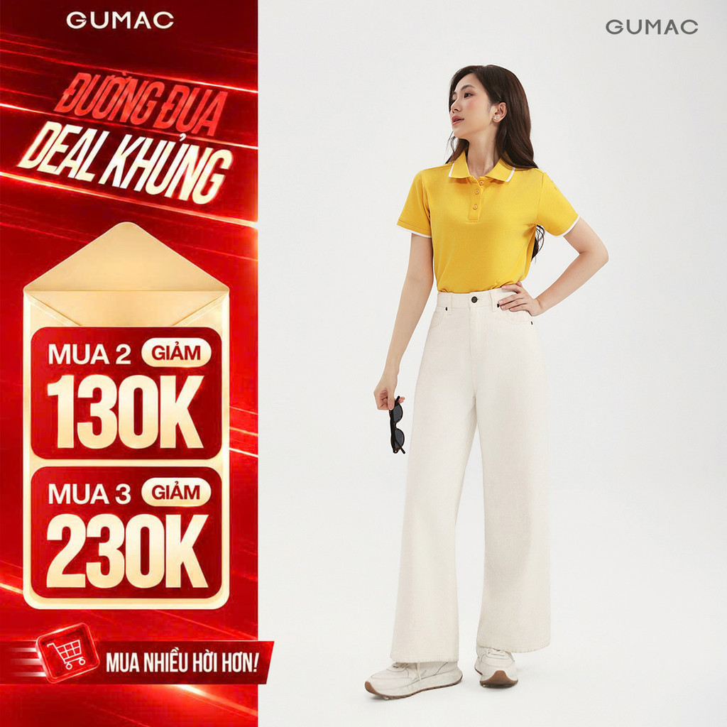 [VOUCHER 130K] Quần Jeans Nữ GUMAC Màu Trắng Form Suông Cạp Cao Tôn Dáng Túi Hàm Ếch Cá Tính LQJF1102