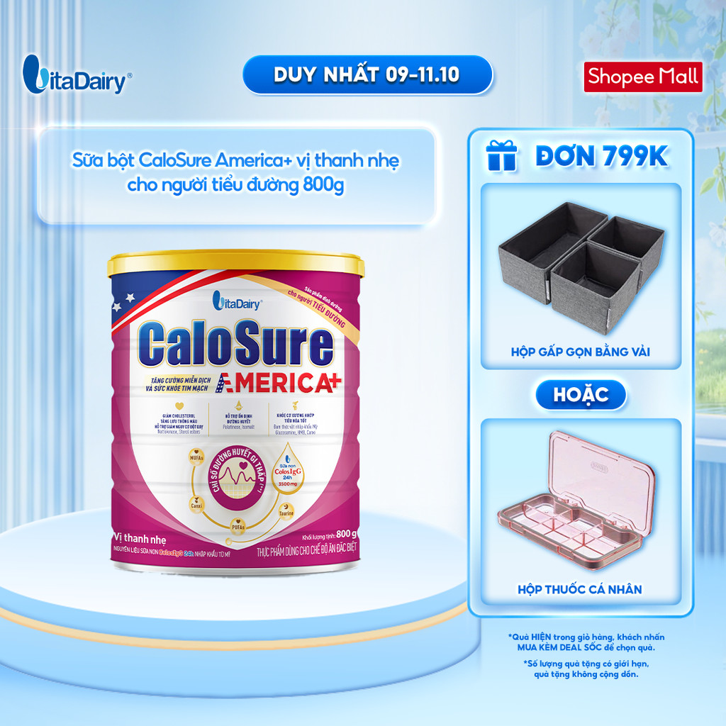 Sữa bột CaloSure America+ vị thanh nhẹ cho người tiểu đường - Giúp tiêu hoá khoẻ, hỗ trợ xương khớp khoẻ - 800g