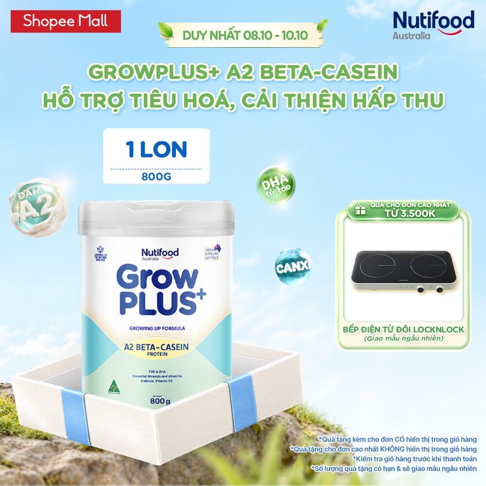 Sữa bột Nutifood Australia GrowPLUS+ Đạm A2 2+ 800g  hỗ trợ tiêu hóa, hấp thu dưỡng chất