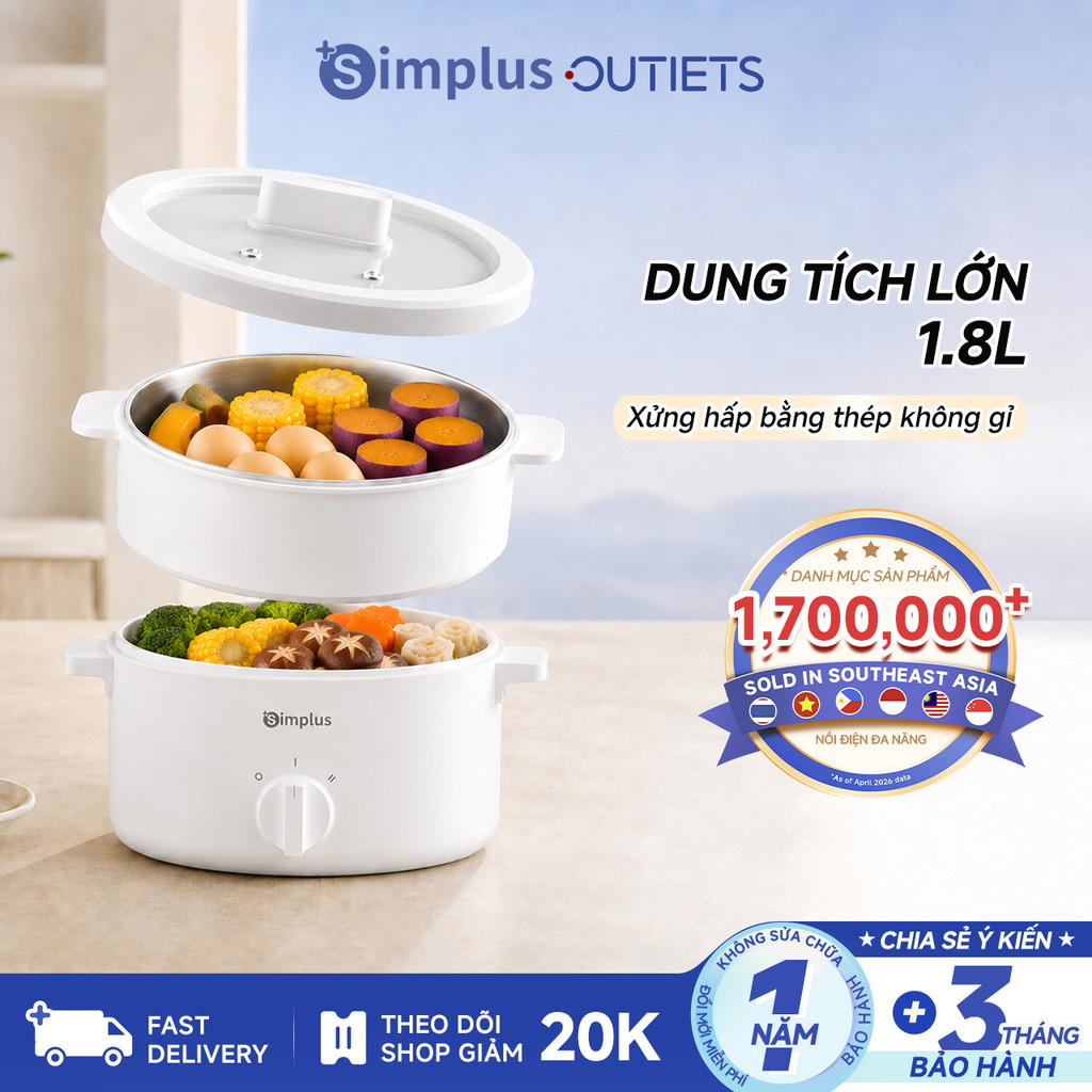 Simplus nồi điện đa năng chống dính 1,8L/3L, 2 mức nhiệt, xửng hấp inox hoặc nhựa PP, DZGH013/010