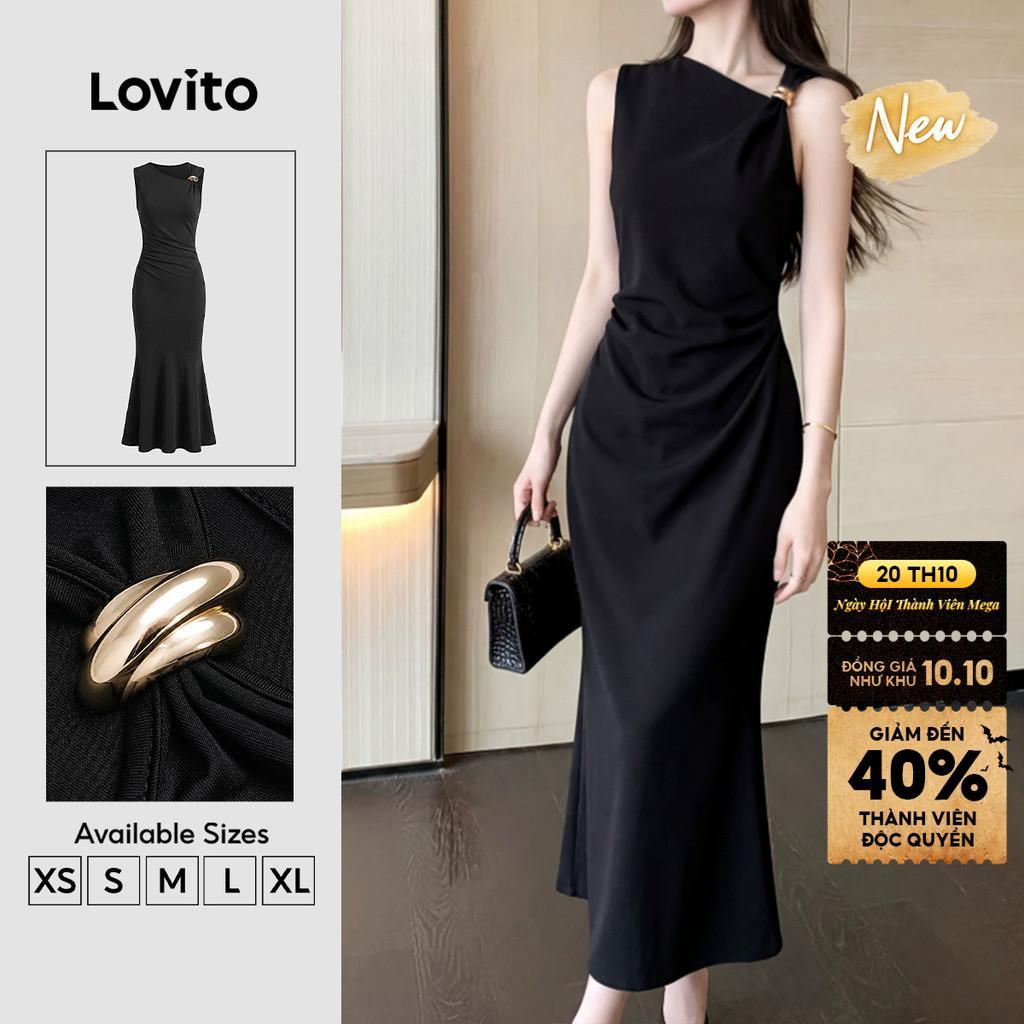 (New Arrival) Lovito Đầm nữ công sở màu đen dáng dài đuôi cá bất đối xứng bằng Kim loại Thanh lịch Cho mùa xuân hè DRB204P1D356