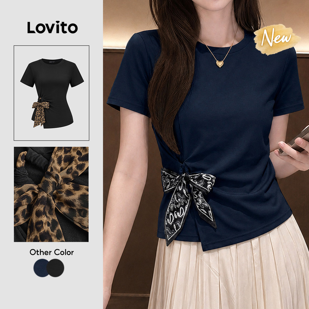 (New Arrival) Lovito Áo Thun nữ màu Xanh dương đậm Thanh lịch Tay ngắn cổ tròn buộc dây mặc đi làm mùa xuân hè TSK10P1D832