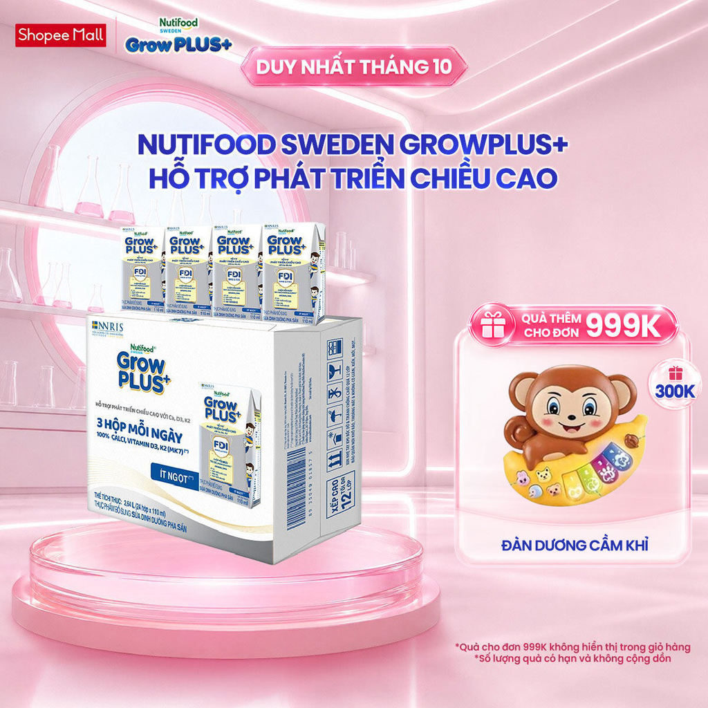 Thùng 24 hộp Sữa Bột Pha Sẵn Nutifood Sweden GrowPLUS+ Cao lớn vượt trội Height hộp 110 ml