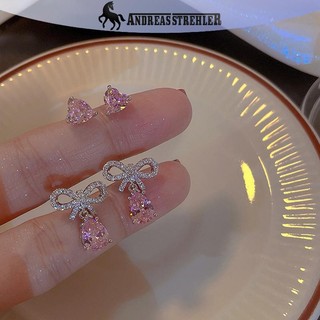 Onetimingfine 1 / 2 Cặp Sáng Hồng Zircon Giọt Nước Nơ Bông Tai Lãng Mạn Trái Tim Trang Sức VN