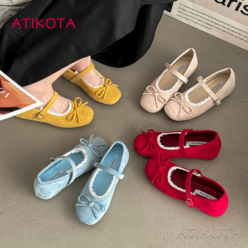 Atikota Nữ Giày Đế Bằng Slip-on Thời Trang Ren Ngọt Nơ Trang Trí Đa Năng Thoải Mái Nhẹ Thường Ngày Đế Bằng