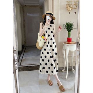 Đầm drape hình quả lê Miyake, họa tiết chấm bi, thiết kế đơn giản dành cho ngày thường