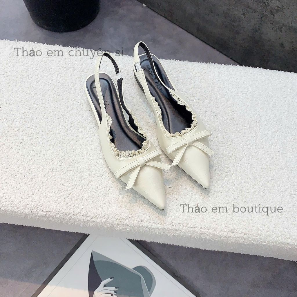 [Thảo Em - SBNR93 ] Sục bệt nữ mũi nhọn nơ mũi phối viền ren da mềm sang chảnh màu Đen Kem Nâu