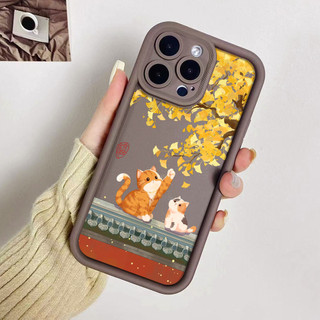 Ốp điện thoại hình mèo dưới cây bạch quả cho iPhone 17 / 16 / 15 Pro Max / 14 / 13 / 12 / 11 / Mini 7 / 8 Plus Xs X Ốp bảo vệ hình thang bằng silicon mềm chống sốc