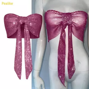 Pealike Nữ Kim Cương Giả Fishnet Dây Ống Che Hộp Đêm Dây Buộc Nơ Trước Cơ Thể Trang Sức Bustier Áo Crop