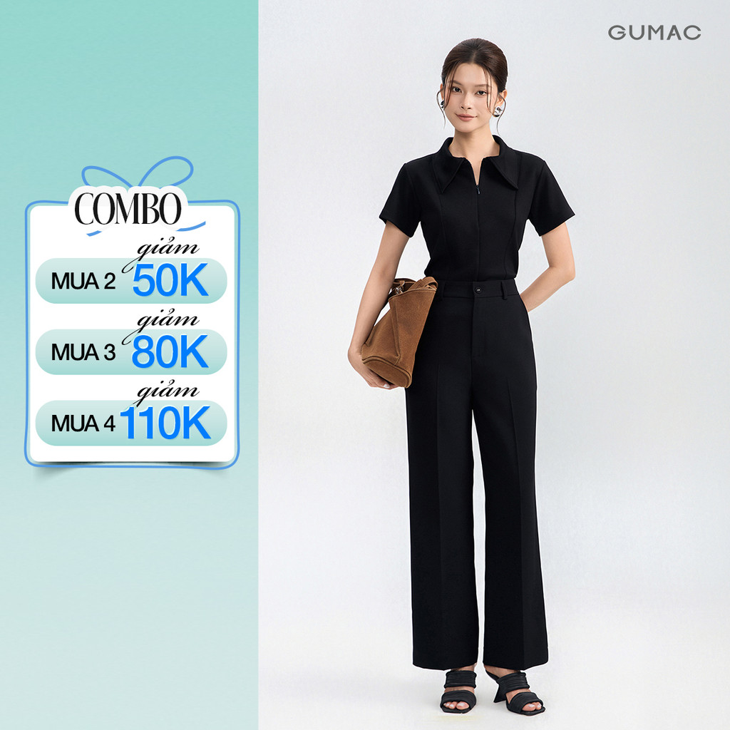 Quần tây nữ GUMAC dáng suông đính nút bọc mắt cáo có may túi xéo hai bên chất liệu thoáng mát QG05055