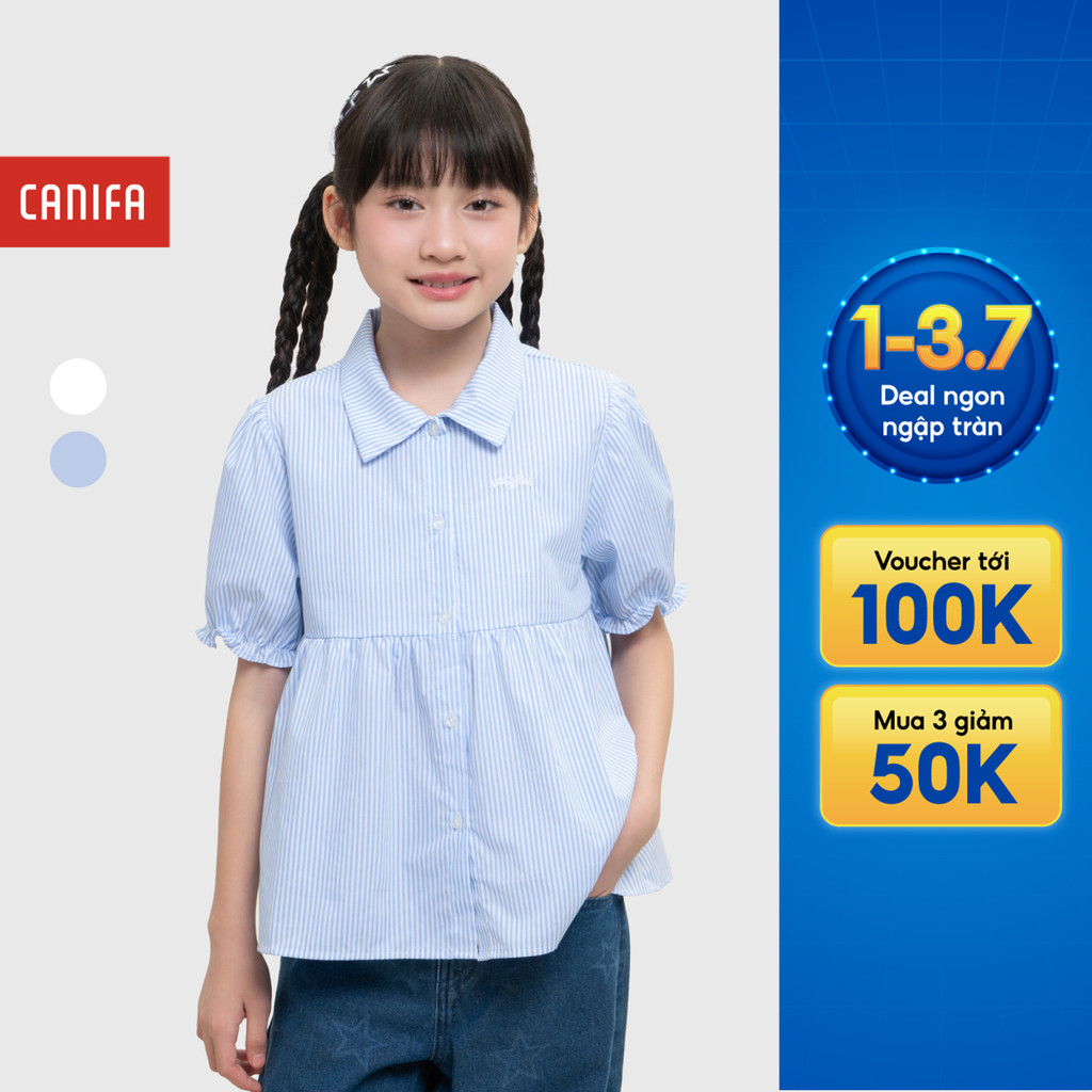 Áo sơ mi bé gái CANIFA dáng babydoll cộc tay cổ bẻ 1TH26S001