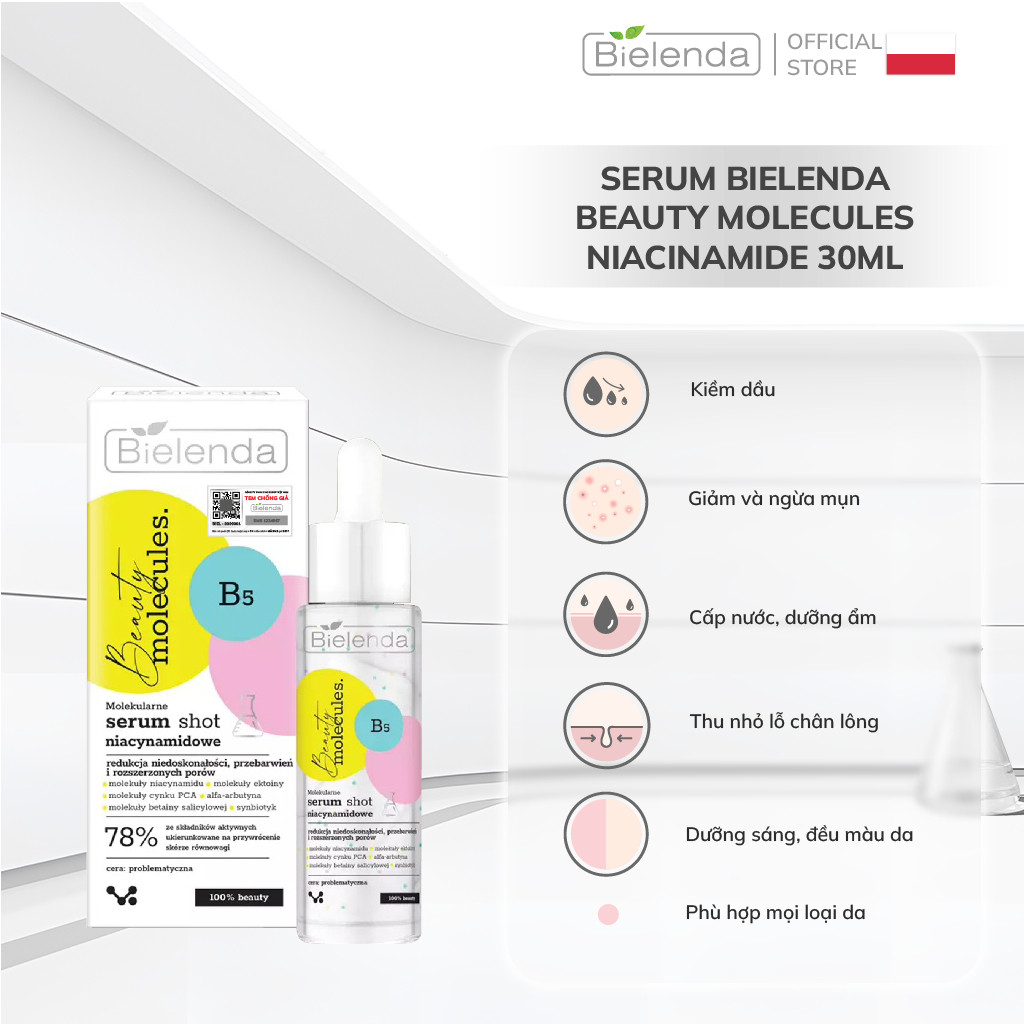 Serum Bielenda Beauty Molecules Niacinamide kiềm dầu, ngừa mụn, mờ thâm, làm sáng da 30ml